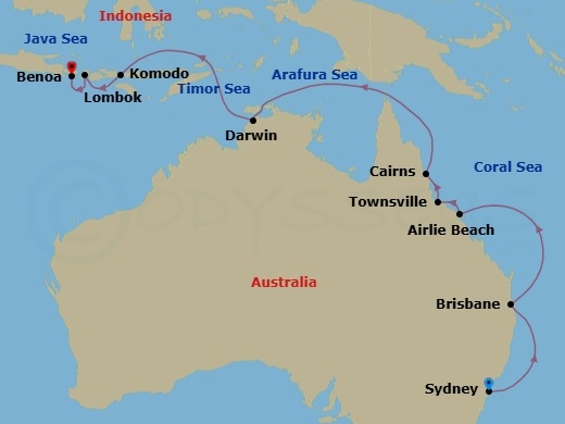 16 Night - Beyond the Outback - Seven Seas Explorer - Starting in Sydney AU, Cruising the Tasman Sea, Brisbane, Cruising the Coral Sea, Airlie Beach, Townsville, Cairns, Cruising the Coral Sea, Cruising the Arafura Sea, Darwin, Cruising the Timor Sea, Cruising the Indian Ocean, Komodo, Lombok (Lembar), Bali (Benoa) itinerary map