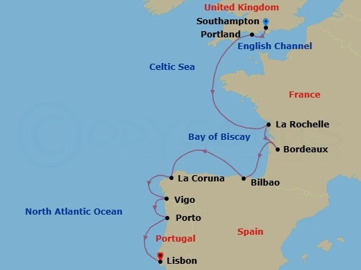 11 Night - Wines of Europe - Seven Seas Mariner - Starting in London (Southampton), Portland UK, Cruising the English Channel and Bay of Biscay, La Rochelle, France, Bordeaux, Cruising the Atlantic Ocean, Bilbao, La Coruna, Santiago De Compostela (Vigo), Oporto, Lisbon itinerary map