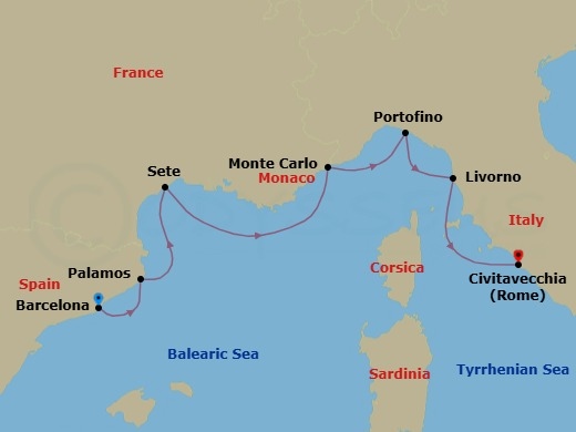 7 Night - Mediterranean Harmony - Seven Seas Grandeur - Starting in Barcelona, Palamos, Sete, Monte Carlo, Portofino, Tuscany (Livorno), Cruising the Tyrrhenian Sea, Rome (Civitavecchia) itinerary map
