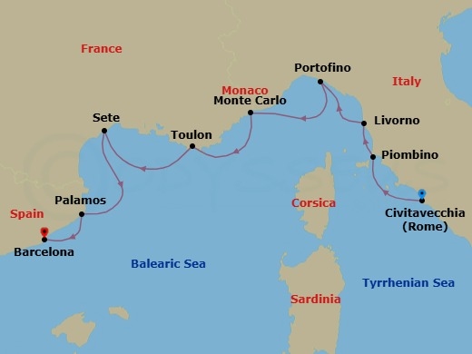 10 Night - Elegant Arrivals - Seven Seas Explorer - Starting in Rome (Civitavecchia), Piombino, Tuscany (Livorno), Portofino, Monte Carlo, Cruising the Ligurian Sea, Toulon, Sete, Palamos, Cruising the Balearic Sea, Barcelona itinerary map