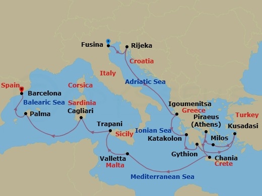 16 Night - Seaside Flavors - Seven Seas Grandeur - Starting in Venice (Fusina), Rijeka, Cruising the Adriatic Sea, Igoumenitsa, Katakolon, Gythion, Cruising the Aegean Sea, Kusadasi, Milos, Athens (Piraeus), Chania (Crete), Cruising the Mediterranean Sea, Valletta, Trapani (Sicily), Cagliari (Sardinia), Palma De Mallorca, Barcelona itinerary map