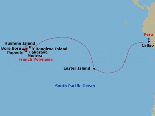18 Night - Starpaths & Stone Gods - Seven Seas Mariner - Starting in Lima (Callao), Cruising the South Pacific, Easter Island, Cruising the South Pacific, Cruising the Pitcairn Islands, Cruising the South Pacific, Fakarava, Rangiroa, Bora Bora, Huahine, Moorea, Papeete (Tahiti) itinerary map