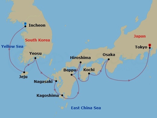 12 Night - Sacred Pagodas & Temples - Seven Seas Splendor - Starting in Seoul (Incheon), Cruising the Yellow Sea, Jeju, Yeosu, Nagasaki, Kagoshima, Cruising the Philippine Sea, Beppu, Hiroshima, Kochi, Osaka, Cruising the Philippine Sea, Tokyo itinerary map