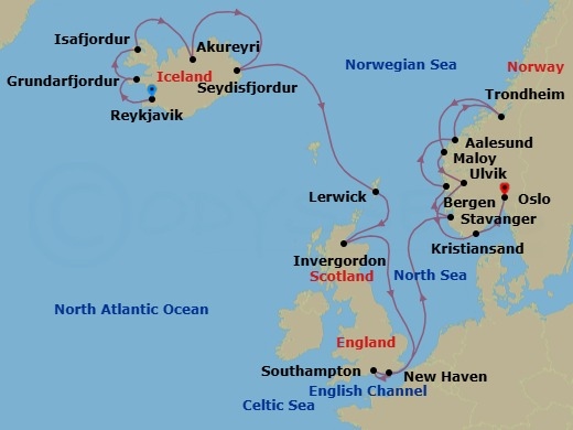 20 Night - Royal Northern Journey - Seven Seas Mariner - Starting in Reykjavik, Grundarfjordur, Isafjordur, Akureyri, Seydisfjodur, Cruising the Norwegian Sea, Lerwick (Shetland Islands), Invergordon, United Kingdom, Edinburgh (Newhaven), Cruising the North Sea, London (Southampton), Cruising the North Sea, Stavanger, Bergen, Alesund, Trondheim, Maloy, Cruising the Norwegian Sea, Ulvik, Norway, Kristiansand, Oslo itinerary map