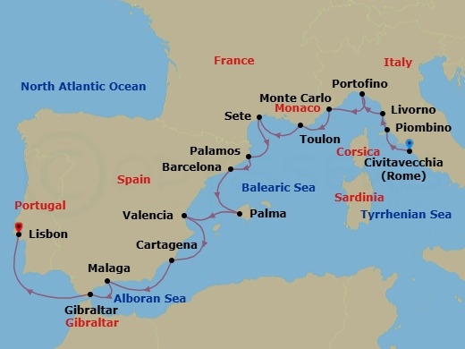 17 Night - Eternal Cities - Seven Seas Explorer - Starting in Rome (Civitavecchia), Piombino, Tuscany (Livorno), Portofino, Monte Carlo, Cruising the Ligurian Sea, Toulon, Sete, Palamos, Cruising the Balearic Sea, Barcelona, Palma De Mallorca, Valencia, Cartagena ES, Malaga, Gibraltar, Cruising the Atlantic Ocean, Lisbon itinerary map