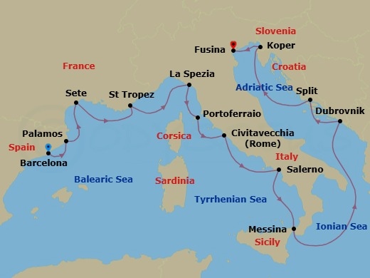 14 Night - Ages of Mediterranean - Seven Seas Grandeur - Starting in Barcelona, Palamos, Sete, Saint-Tropez, Cruising the Ligurian Sea, La Spezia (Cinque Terre), Portoferraio (Elba Island), Rome (Civitavecchia), Salerno, Messina (Sicily), Cruising the Ionian Sea, Dubrovnik, Croatia, Split, Koper, Venice (Fusina) itinerary map