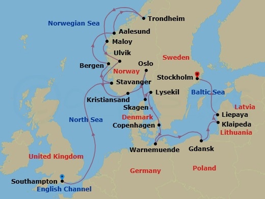 21 Night - Into the Nordic Wilds - Seven Seas Mariner - Starting in London (Southampton), Cruising the North Sea, Stavanger, Bergen, Alesund, Trondheim, Maloy, Cruising the Norwegian Sea, Ulvik, Norway, Kristiansand, Oslo, Skagen, Lysekil, Copenhagen, Berlin (Warnemunde), Cruising the Baltic Sea, Gdansk (Gdynia), Klaipeda, Liepaja, Cruising the Baltic Sea, Stockholm itinerary map