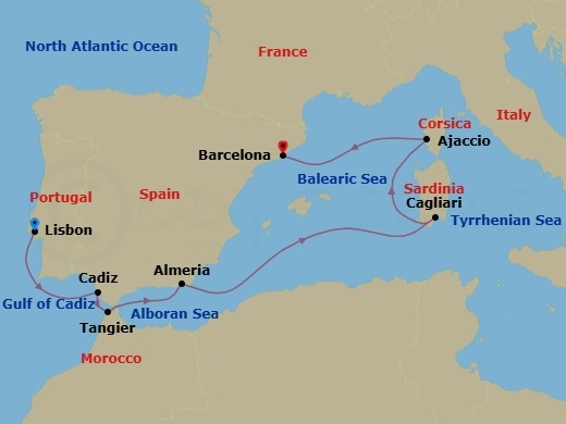 9 Night - Andalusian Approach - Seven Seas Explorer - Starting in Lisbon, Cadiz, Tangier, Almeria, Cruising the Mediterranean Sea, Cagliari (Sardinia), Ajaccio (Corsica), Cruising the Mediterranean Sea, Barcelona itinerary map