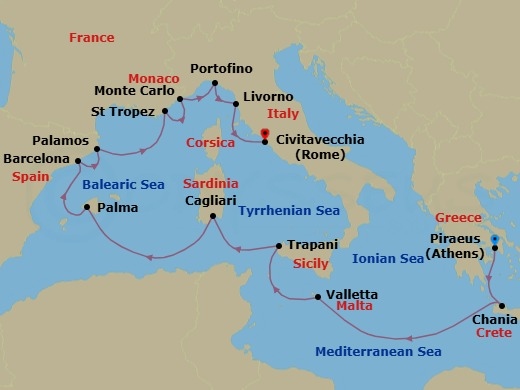 14 Night - The Mediterranean Feast - Seven Seas Grandeur - Starting in Athens (Piraeus), Chania (Crete), Cruising the Mediterranean Sea, Valletta, Trapani (Sicily), Cagliari (Sardinia), Palma De Mallorca, Barcelona, Palamos, Saint-Tropez, Monte Carlo, Cruising the Ligurian Sea, Portofino, Tuscany (Livorno), Rome (Civitavecchia) itinerary map