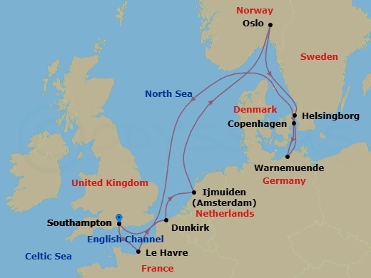 11 Night - Northern Summer Nights - Seven Seas Prestige - Starting in London (Southampton), Paris (Le Havre), Dunkirk, Amsterdam (Ijmuiden), Cruising the North Sea, Oslo, Helsingborg, Copenhagen, Berlin (Warnemunde), Cruising the Baltic Sea, Cruising the North Sea, London (Southampton) itinerary map