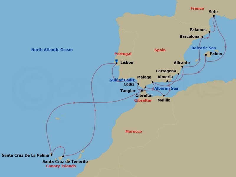 19 Night - Shores of Legend - Seven Seas Explorer - Starting in Lisbon, Cruising the Atlantic Ocean, Santa Cruz de Tenerife, Santa Cruz de La Palma, Cruising the Atlantic Ocean, Tangier, Melilla, Almeria, Alicante, Barcelona, Palamos, Sete, Cruising the Balearic Sea, Palma De Mallorca, Cartagena ES, Malaga, Gibraltar, Cadiz, Cruising the Atlantic Ocean, Lisbon itinerary map