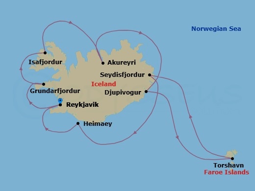 10 Night - Valleys of Steam - Seven Seas Prestige - Starting in Reykjavik, Grundarfjordur, Isafjordur, Akureyri, Djupivogur, Cruising the Norwegian Sea, Torshavn, Faroe Islands, Cruising the Norwegian Sea, Seydisfjodur, Heimaey, Reykjavik itinerary map