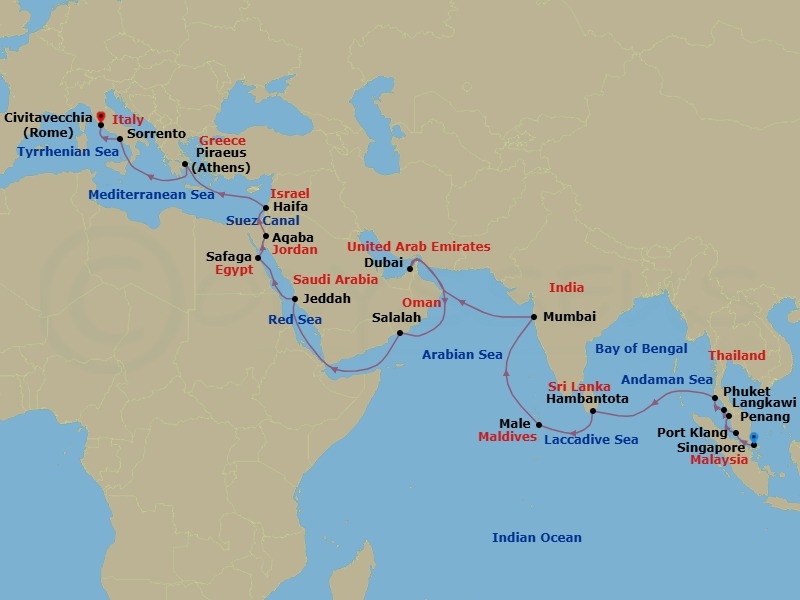 39 Night - Asian Mediterranean Fusion - Seven Seas Mariner - Starting in Singapore, Kuala Lumpur (Port Klang), Penang, Langkawi, Phuket, Cruising the Andaman Sea, Cruising the Bay of Bengal, Hambantota, Cruising the Indian Ocean, Male, Cruising the Indian Ocean, Mumbai (Bombay), Cruising the Arabian Sea, Cruising the Gulf of Oman, Dubai, Cruising the Gulf of Oman, Cruising the Arabian Sea, Salalah, Cruising the Arabian Sea, Cruising the Gulf of Aden, Cruising the Red Sea, Jeddah, Cruising the Red Sea, Luxor (Safaga), Aqaba, Suez Canal (Transit), Jerusalem (Haifa), Cruising the Mediterranean Sea, Athens (Piraeus), Cruising the Mediterranean Sea, Sorrento / Capri, Rome (Civitavecchia) itinerary map