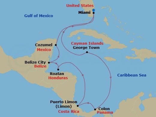 11 Night - Tideflowers & Miraflores - Seven Seas Prestige - Starting in Miami, Cruising the Florida Straits, George Town, Cruising the Caribbean Sea, Panama Canal / Gatun Yacht Club, Colon, Puerto Limon, Cruising the Caribbean Sea, Roatan, Belize City, Cozumel, Mexico, Cruising the Florida Straits, Miami itinerary map