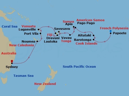 21 Night - Isles of the Navigators - Seven Seas Mariner - Starting in Papeete (Tahiti), Cruising the South Pacific, Rarotonga, Aitutaki, Cruising the South Pacific, Pago Pago, Cross the International Date Line, Apia, Cruising the South Pacific, Vavau (Neiafu), Cruising the South Pacific, Savusavu, Dravuni, Lautoka, Cruising the South Pacific, Luganville, Port Vila, Cruising the South Pacific, Noumea, Cruising the South Pacific, Sydney AU itinerary map