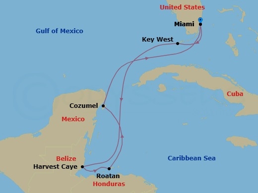 7 Night - Rainforest Reverie - Seven Seas Prestige - Starting in Miami, Key West, Cruising the Florida Straits, Harvest Caye, Roatan, Cozumel, Mexico, Cruising the Florida Straits, Miami itinerary map