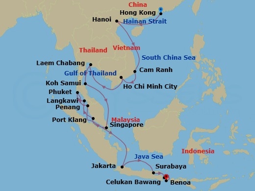 24 Night - Jewels of Asia - Seven Seas Splendor - Starting in Hong Kong, Cruising the Hainan Strait, Hanoi (Ha Long Bay), Cruising the South China Sea, Cam Ranh, Ho Chi Minh City (Saigon), Cruising the Gulf of Thailand, Bangkok (Laem Chabang), Ko Samui, Cruising the Gulf of Thailand, Singapore, Kuala Lumpur (Port Klang), Langkawi, Phuket, Penang, Cruising the Malacca Strait, Cruising the Java Sea, Jakarta, Cruising the Java Sea, Surabaya, Celukan Bawang (Bali), Bali (Benoa) itinerary map