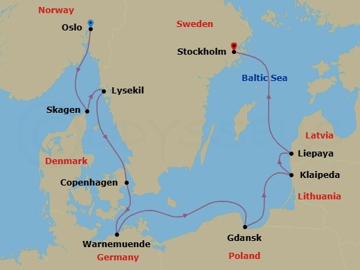 11 Night - Baltic Beauty - Seven Seas Mariner - Starting in Oslo, Skagen, Lysekil, Copenhagen, Berlin (Warnemunde), Cruising the Baltic Sea, Gdansk (Gdynia), Klaipeda, Liepaja, Cruising the Baltic Sea, Stockholm itinerary map
