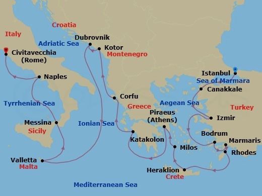 18 Night - Cradles of History - Seven Seas Explorer - Starting in Istanbul, Canakkale (Troy), Izmir, Bodrum, Marmaris, Cruising the Mediterranean Sea, Rhodes, Heraklion (Crete), Milos, Athens (Piraeus), Katakolon, Corfu, Kotor, Dubrovnik, Croatia, Cruising the Ionian Sea, Valletta, Messina (Sicily), Naples / Pompeii, Rome (Civitavecchia) itinerary map