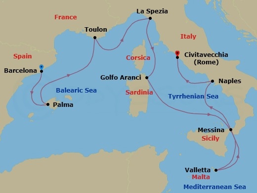 10 Night - Italian Tapestry - Seven Seas Voyager - Starting in Barcelona, Palma De Mallorca, Cruising the Balearic Sea, Toulon, La Spezia (Cinque Terre), Golfo Aranci (Sardinia), Cruising the Tyrrhenian Sea, Valletta, Messina (Sicily), Naples / Pompeii, Rome (Civitavecchia) itinerary map