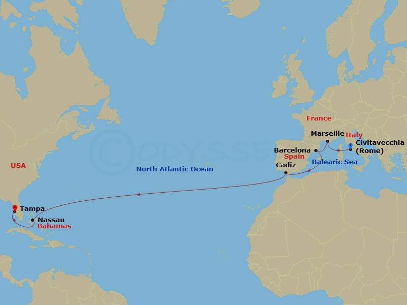 17 Night - Rome & Etruria Pre Cruisetour - Norwegian Gem Tours - Starting in At Hotel, Civitavecchia Rome, Italy, Provence, Marseille, France, Barcelona, Spain, Cadiz / Seville, Spain, Nassau, Bahamas, Tampa, Fl itinerary map