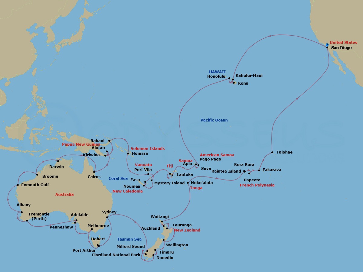90 Night - Grand Australia & New Zealand Voyage - Zaandam - Starting in San Diego, California, Kahului, Maui, Kona, Hawaii, Honolulu, Hawaii, Crossing the Equator, Pago Pago, Tutuila, American Samoa, Cross International Dateline, Apia, Upolu, Samoa, Suva, Viti Levu, Fiji, Lautoka, Fiji, Easo, Lifou, New Caledonia, Noumea, New Caledonia, Mystery Island, Vanuatu, Port Vila, Vanuatu, Honiara, Guadalcanal, Solomon Islands, Rabaul, Papua New Guinea, Alotau, Papua New Guinea, Kiriwina Island, Papua New Guinea, Cairns, Australia, At Sea (Great Barrier Reef), The Ribbon Reef Region, At Sea (Great Barrier Reef), The Far North Region, Scenic Cruising Torres Strait, Darwin, Australia, Broome, Western Australia, Australia, Exmouth, Australia, Fremantle (Perth), Australia, Albany AU, Australia, Adelaide, South Australia, Australia, Penneshaw, Kangaroo Island, Australia, Melbourne, Australia, Hobart, Tasmania, Australia, Port Arthur, Australia, Sydney AU, Milford Sound, New Zealand, Cruising Fiordland Natl Park, Port Chalmers (Dunedin), New Zealand, Timaru, New Zealand, Wellington, New Zealand, Tauranga (Rotorua), New Zealand, Auckland, New Zealand, Waitangi (Bay of Islands), New Zealand, Nuku Alofa, Tonga, Cross International Dateline, Bora Bora, French Polynesia, Raiatea, Society Islands, French Polynesia, Bahia d Opunoha, Moorea, French Polynesia, Papeete, French Polynesia, Fakarava, Tuamotu, French Polynesia, Taiohae, Nuku Hiva, French Polynesia, Crossing the Equator, San Diego, California itinerary map