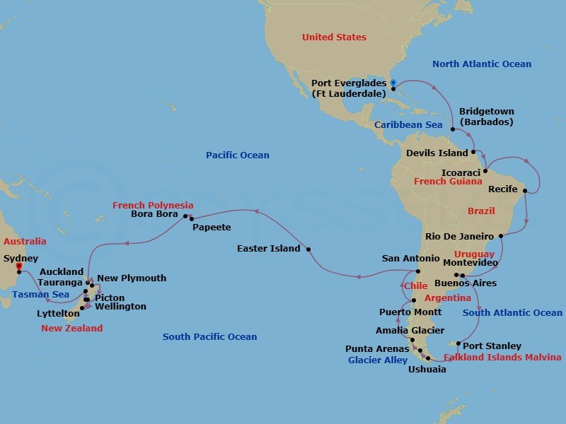 66 Night - Grand World Voyage - Volendam - Starting in Fort Lauderdale, Florida, Bridgetown, Barbados, Devils Island, French Guiana, Crossing the Equator, Icoaraci (Belem), Brazil, Recife, Brazil, Rio De Janeiro, Brazil, Montevideo, Uruguay, Buenos Aires, Argentina, Port Stanley, Falkland Islands, Antarctic, Drake Passage and Cape Horn, Ushuaia, Argentina, Beagle Channel, Daylight cruising Glacier Alley, Punta Arenas, Chile, Strait of Magellan, Scenic cruising Amalia or Brujo Glacier, Scenic cruising Sarmiento Channel, Cruising Chilean Fjords, Puerto Montt, Chile, San Antonio CL (Santiago), Chile, Easter Island, Chile, Cruising Pitcairn Island, Bahia d Opunoha, Moorea, French Polynesia, Papeete, French Polynesia, Bora Bora, French Polynesia, Cross International Dateline, Auckland, New Zealand, Tauranga (Rotorua), New Zealand, Wellington, New Zealand, Lyttelton (Christchurch), New Zealand, Picton, New Zealand, New Plymouth, New Zealand itinerary map