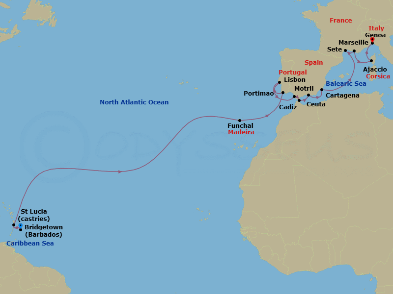 22 Night - Atlantic Passage & Andalusian Treasures - Seabourn Ovation - Starting in Bridgetown, Barbados, Castries, Saint Lucia, Funchal (Madeira), Portugal, Portimao, Portugal, Lisbon, Portugal, Cadiz (Seville), Spain, Ceuta, Spanish Morocco, Spain, Motril (Granada), Spain, Cartagena ES, Sete, France, La Joliette (Marseille), France, Ajaccio, Corsica, France, Genoa, Italy itinerary map