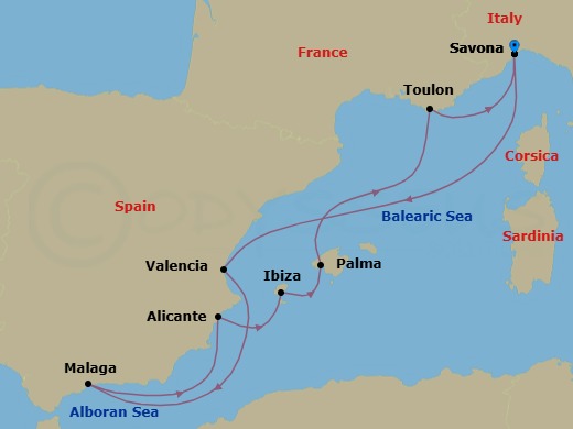 9 Night - Mediterranean Roundtrip from Savona - Costa Fascinosa - Starting in Savona, Valencia, Malaga, Alicante, Ibiza, Palma De Mallorca, La Seyne (St Tropez), Savona itinerary map