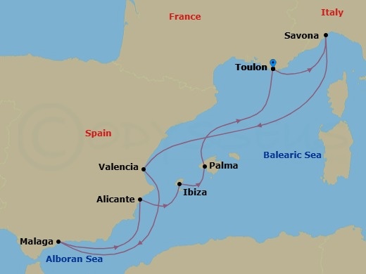 9 Night - Mediterranean Roundtrip from Toulon - Costa Fascinosa - Starting in La Seyne (St Tropez), Savona, Valencia, Malaga, Alicante, Ibiza, Palma De Mallorca, La Seyne (St Tropez) itinerary map