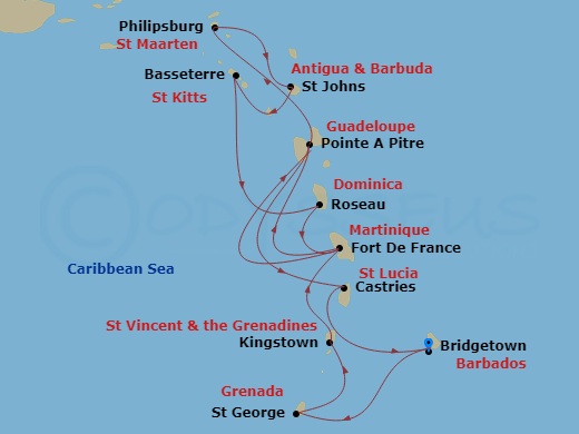 14 Night - South Caribbean - MSC World Europa - Starting in Bridgetown, Barbados, Saint Georges, Grenada, Kingstown, St Vincent and the Grenadines, Fort-de-France, Martinique, Pointe-A-Pitre, Guadeloupe, Philipsburg, St Maarten, St Johns AG, Antigua, Basseterre, St Kitts and Nevis, Roseau, Dominica, Fort-de-France, Martinique, Pointe-A-Pitre, Guadeloupe, Castries, St Lucia, Bridgetown, Barbados itinerary map