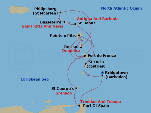 14 Night - South Caribbean - MSC Meraviglia - Starting in Bridgetown, Barbados, Port of Spain, Saint George, Grenada, Fort-de-France, Martinique, Pointe-A-Pitre, Guadeloupe, Roseau, Dominica, Philipsburg, St Maarten, Basseterre, St Kitts and Nevis, St Johns AG, Antigua, Fort-de-France, Martinique, Pointe-A-Pitre, Guadeloupe, Castries, Saint Lucia, Bridgetown, Barbados itinerary map