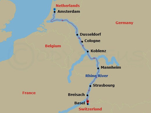 7 Night - Christmas Markets On the Rhine - Emerald Sun - Starting in Amsterdam, Dusseldorf / Cologne, Koblenz, Mannheim, Strasbourg, Breisach, Basel (Huningue) itinerary map