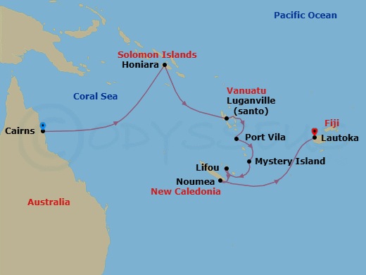 12 Night - Outback & Isles - Seven Seas Navigator - Starting in Cairns, Cruising the Coral Sea, Cruising the Solomon Sea, Honiara, Cruising the Coral Sea, Luganville, Port Vila, Mystery Island, Lifou Island, Noumea, Cruising the South Pacific, Lautoka itinerary map