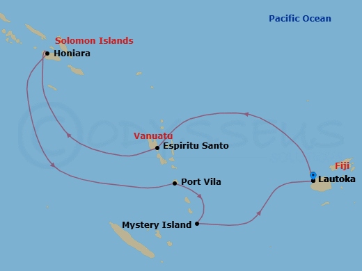 10 Night - Coral Sea Dreams - Seven Seas Navigator - Starting in Lautoka, Cruising the South Pacific, Champagne Bay (Espiritu Santo), Cruising the Coral Sea, Honiara, Cruising the Coral Sea, Port Vila, Mystery Island, Cruising the South Pacific, Lautoka itinerary map