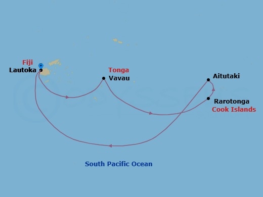 10 Night - Azure Islands - Seven Seas Navigator - Starting in Lautoka, Cruising the South Pacific, Vavau (Neiafu), Crossing the International Date Line (E), Cruising the South Pacific, Rarotonga, Aitutaki, Cruising the South Pacific, Crossing the International Date Line (W), Cruising the South Pacific, Lautoka itinerary map
