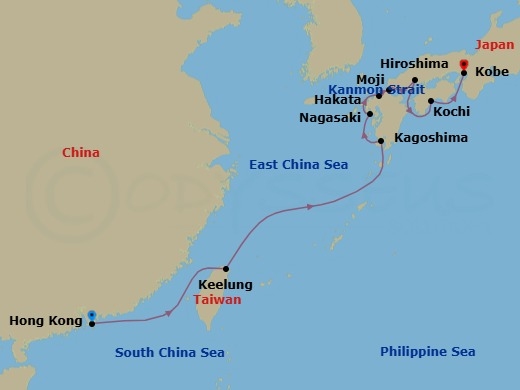 11 Night - Flourishing Cityscapes - Seven Seas Navigator - Starting in Hong Kong, Cruising the South China Sea, Keelung, Cruising the East China Sea, Kagoshima, Nagasaki, Hakata, Cruising the Kanmon Straits, Moji (Kanmon Straits), Cruising the Kanmon Straits, Hiroshima, Kochi, Kyoto (Kobe) itinerary map