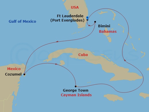 7 Night - Cayman, Mexico & Bahamas - Celebrity Xcel - Starting in Fort Lauderdale, Florida, Bimini, Bahamas, Cozumel, Mexico, George Town, Grand Cayman, Fort Lauderdale, Florida itinerary map