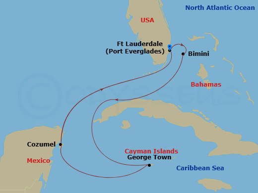 6 Night - Cayman, Mexico & Bahamas - Celebrity Xcel - Starting in Fort Lauderdale, Florida, Bimini, Bahamas, George Town, Grand Cayman, Cozumel, Mexico, Fort Lauderdale, Florida itinerary map