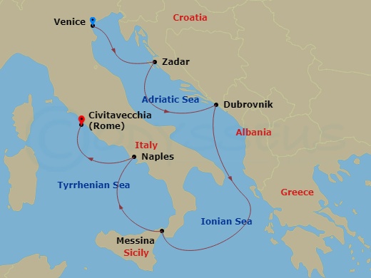 8 Night - Winter Italy and the Dalmatian Coast - Star Explorer - Starting in Venice, Zadar, Dubrovnik, Croatia, Messina (Taormina), Naples, Rome itinerary map