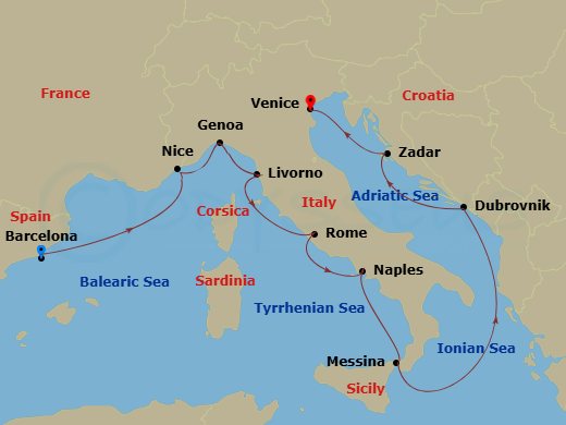 15 Night - Star Collector : Winter in Europe's Rivieras & Croatia - Star Explorer - Starting in Barcelona, Nice, Genoa, Italy, Livorno, Rome, Naples, Messina (Taormina), Dubrovnik, Croatia, Zadar, Venice itinerary map