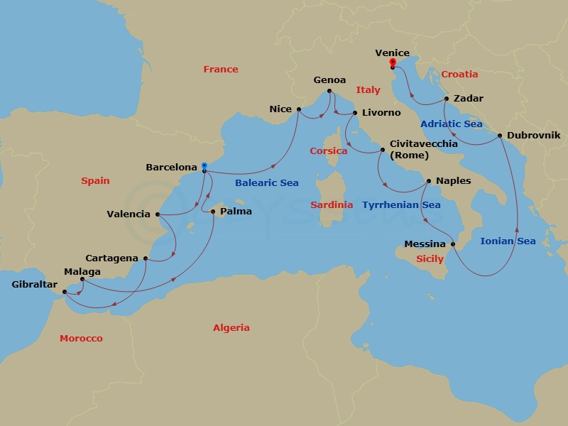 24 Night - Star Collector : Winter Mediterranean Adventure - Star Explorer - Starting in Barcelona, Valencia, Cartagena ES, Gibraltar, Malaga, Palma De Mallorca, Barcelona, Nice, Genoa, Italy, Livorno, Rome, Naples, Messina (Taormina), Dubrovnik, Croatia, Zadar, Venice itinerary map