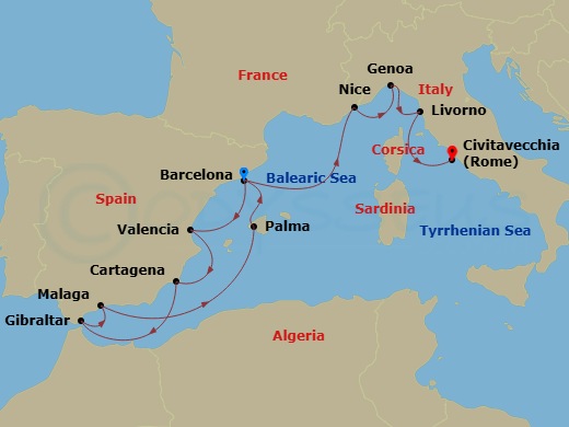 16 Night - Star Collector : Winter in Spain and the Rivieras - Star Explorer - Starting in Barcelona, Valencia, Cartagena ES, Gibraltar, Malaga, Palma De Mallorca, Barcelona, Nice, Genoa, Italy, Livorno, Rome itinerary map
