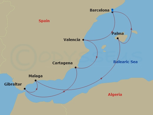 9 Night - Southern Spain Winter Escapes - Star Explorer - Starting in Barcelona, Valencia, Cartagena ES, Gibraltar, Malaga, Palma De Mallorca, Barcelona itinerary map
