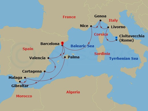 16 Night - Star Collector : Winter in Spain and the Rivieras - Star Explorer - Starting in Rome, Livorno, Genoa, Italy, Nice, Barcelona, Valencia, Cartagena ES, Gibraltar, Malaga, Palma De Mallorca, Barcelona itinerary map