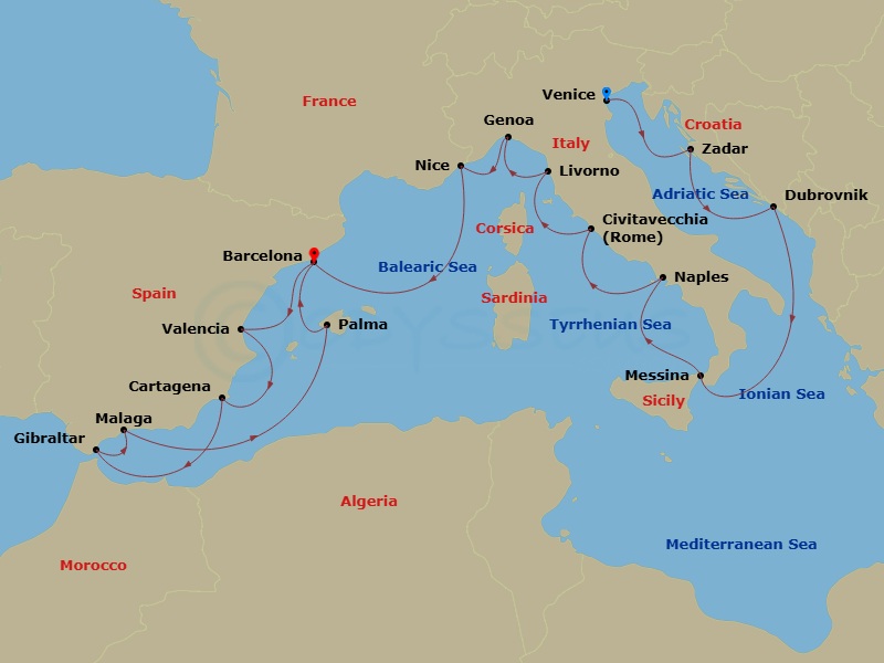 24 Night - Star Collector : Winter Mediterranean Adventure - Star Explorer - Starting in Venice, Zadar, Dubrovnik, Croatia, Messina (Taormina), Naples, Rome, Livorno, Genoa, Italy, Nice, Barcelona, Valencia, Cartagena ES, Gibraltar, Malaga, Palma De Mallorca, Barcelona itinerary map