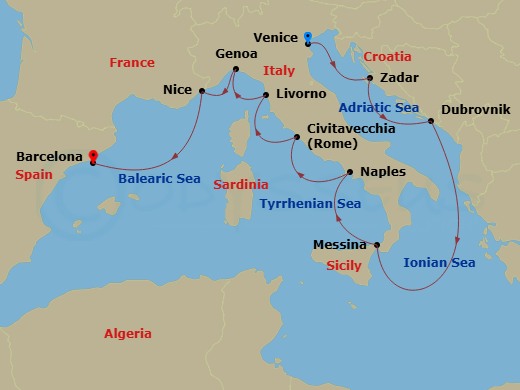 15 Night - Star Collector : Winter in Europe's Rivieras & Croatia - Star Explorer - Starting in Venice, Zadar, Dubrovnik, Croatia, Messina (Taormina), Naples, Rome, Livorno, Genoa, Italy, Nice, Barcelona itinerary map