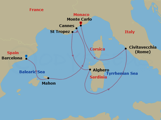 12 Night - An Extended Journey from Mediterranean Radiance to a Legendary Monaco Race Weekend - EXPLORA I - Starting in Barcelona, Mahon (Menorca), Cannes, Saint-Tropez, Alghero (Sardinia), Civitavecchia (Rome), Monte Carlo itinerary map