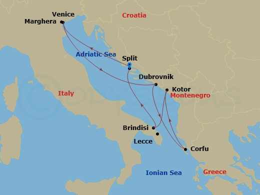 7 Night - Mediterranean - MSC Armonia - Starting in Split, Croatia, Venice / Marghera, Italy, Dubrovnik, Croatia, Corfu, Greece, Kotor, Montenegro, Brindisi (Lecce), Italy, Split, Croatia itinerary map