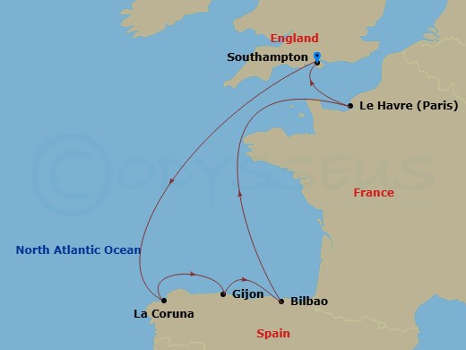 7 Night - Spain and France - Queen Anne - Starting in Southampton, England, UK, La Coruna (tours to Santiago de Compostela), Spain, Gijon, Spain, Getxo (Tours to Bilbao), Spain, Le Havre, France, Southampton, England, UK itinerary map